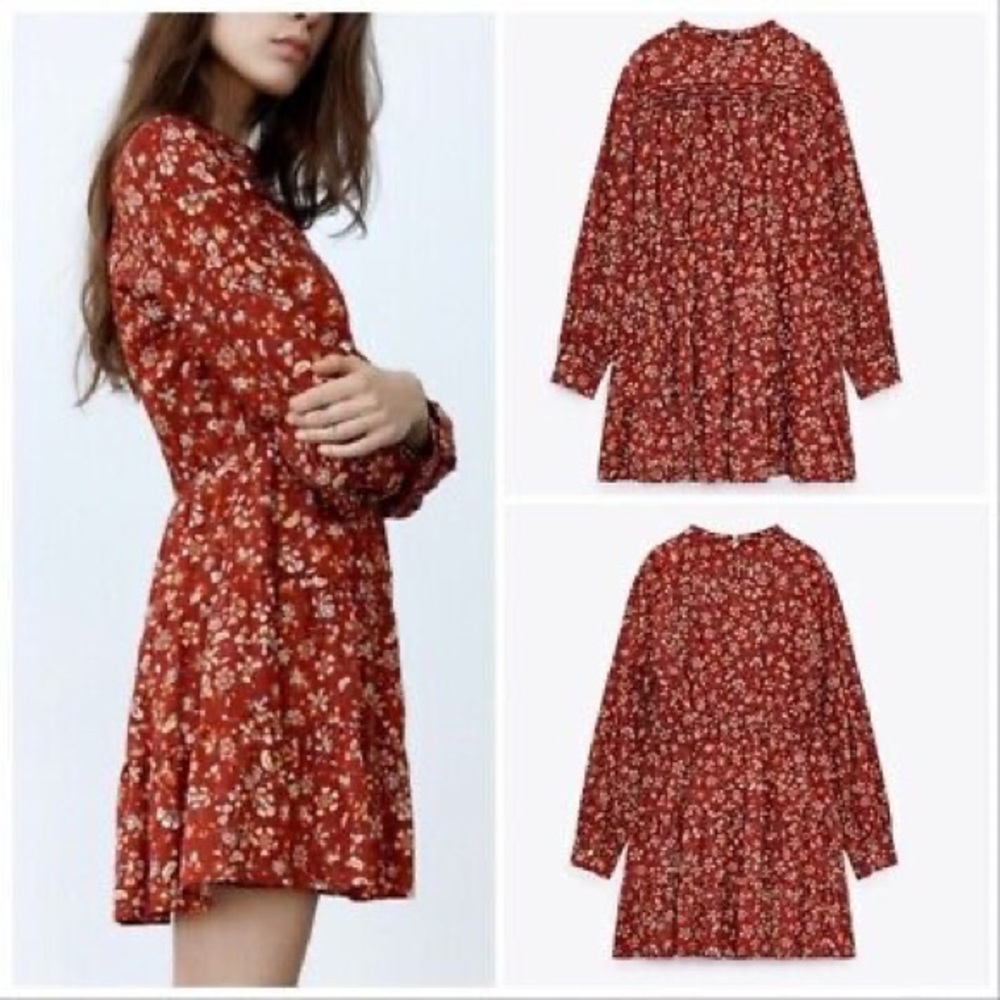 Zara Red Floral Long Sleeved Mini Dress